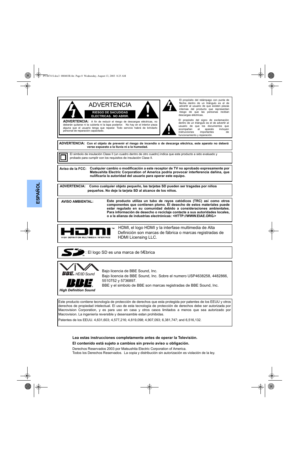 Advertencia, Es p añol | Panasonic PT-53WXD63 User Manual | Page 38 / 88