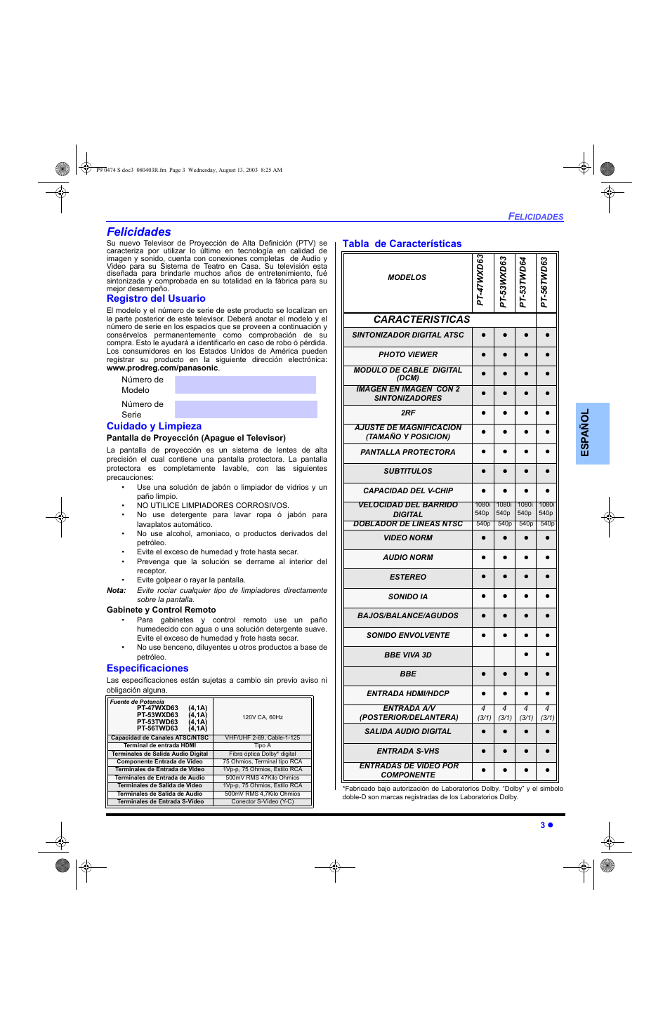 Felicidades, Registro del usuario, Cuidado y limpieza | Especificaciones, Tabla de caracteristicas | Panasonic PT-53WXD63 User Manual | Page 41 / 88