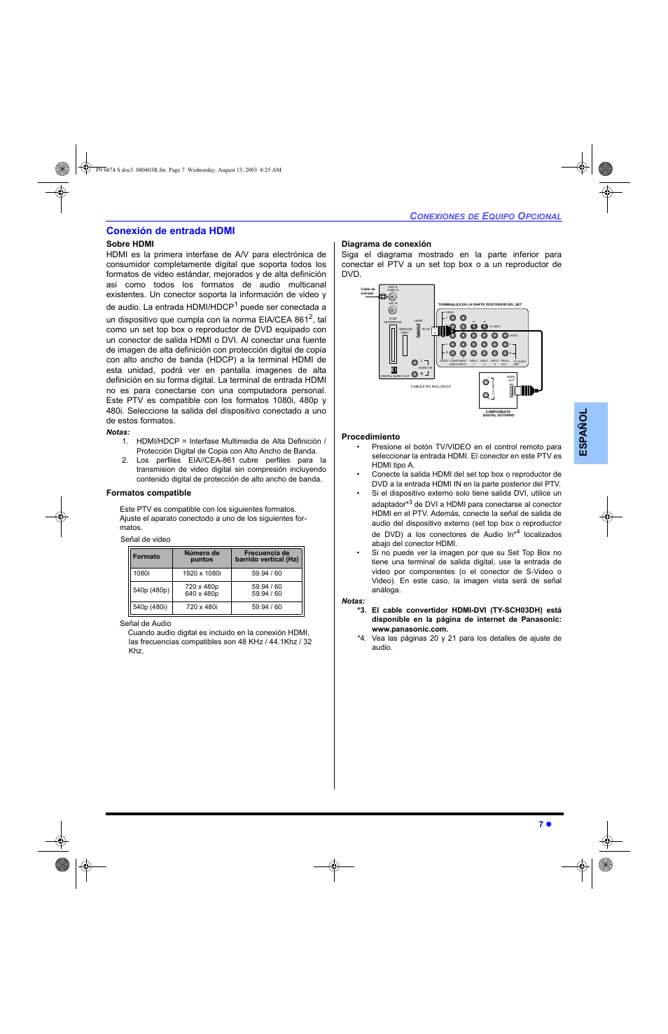 Conexion de entrada hdmi, Es p añol conexión de entrada hdmi | Panasonic PT-53WXD63 User Manual | Page 45 / 88