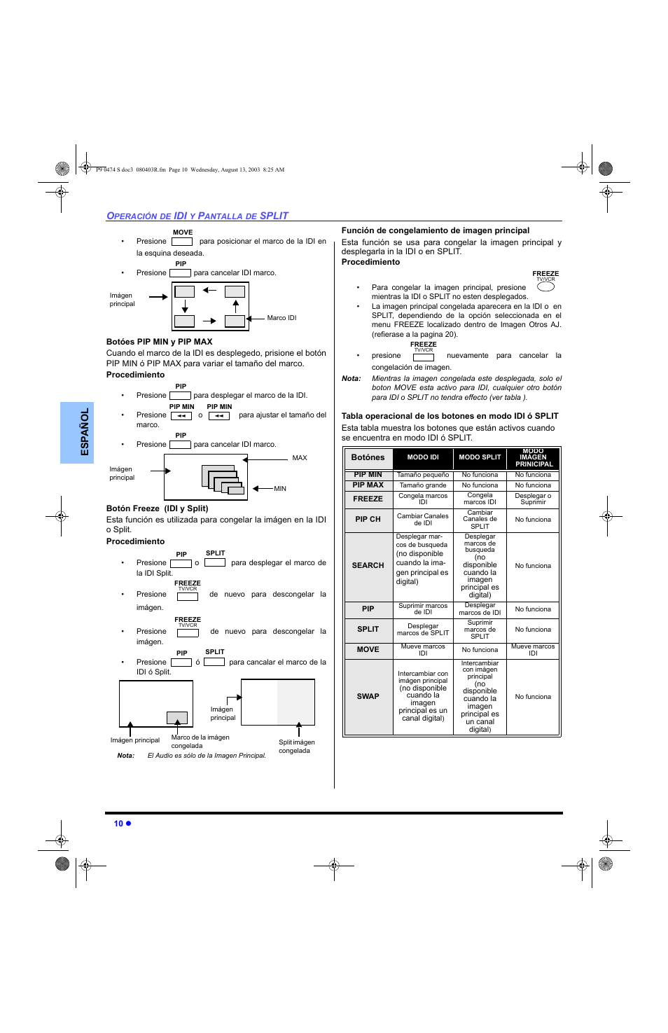 Botones pip min y pip max, Boton de freeze, Funcion de congelamiento de la imagen principal | Panasonic PT-53WXD63 User Manual | Page 48 / 88