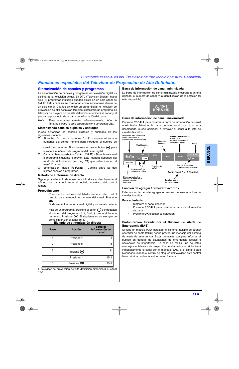 Es p añol, Sintonización de canales y programas, A: 15-1 kpbs-hd | Panasonic PT-53WXD63 User Manual | Page 49 / 88