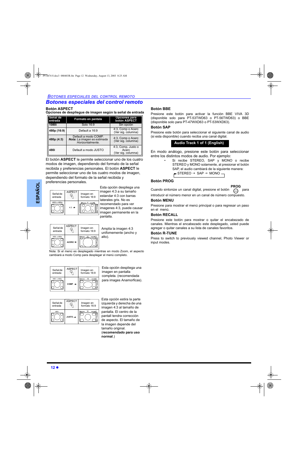 Botones especiales del control remoto, Es p añol | Panasonic PT-53WXD63 User Manual | Page 50 / 88