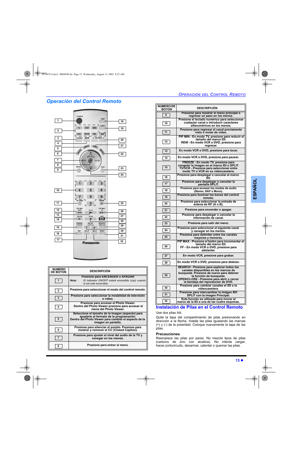 Funciones especiales del control remoto, Operación del control remoto, Es p añol | Instalación de pilas en el control remoto | Panasonic PT-53WXD63 User Manual | Page 51 / 88