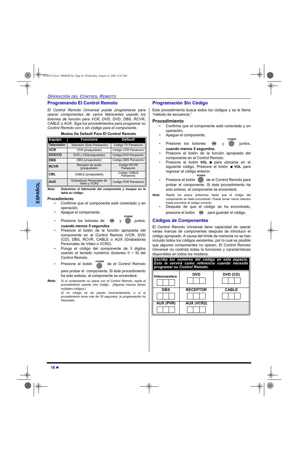 Programando el control remoto, Programando sin codigo, Codigos de componentes | Es p añol programando el control remoto, Programación sin código, Procedimiento, Códigos de componentes | Panasonic PT-53WXD63 User Manual | Page 54 / 88