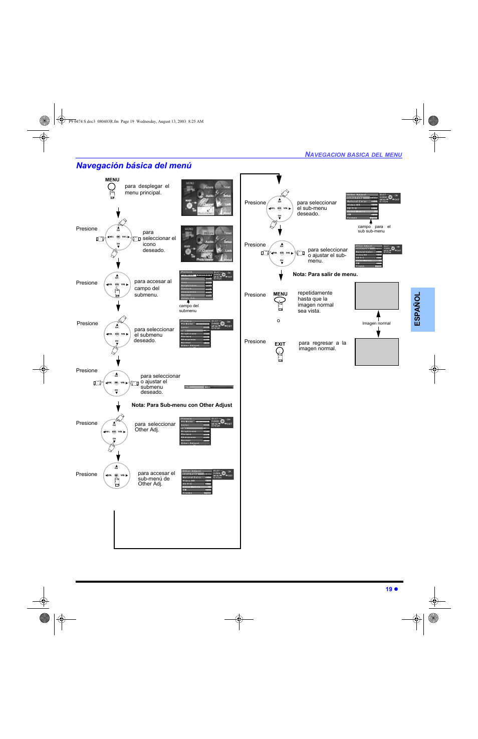 Navegacion basica de menu, Navegación básica del menú, Es p añol | Avegacion, Basica, Menu 19 z | Panasonic PT-53WXD63 User Manual | Page 57 / 88