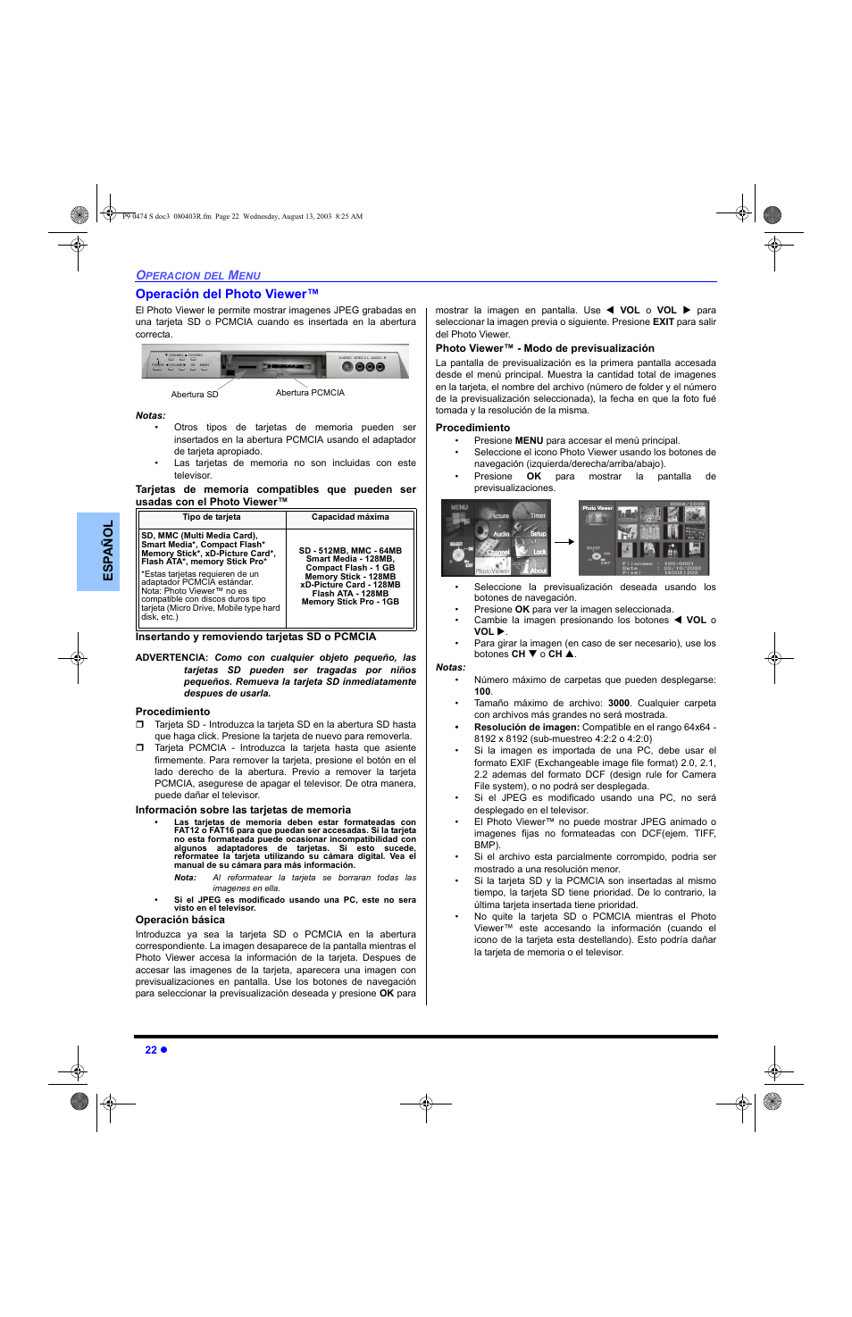 Operacion del photo viewer, Es p añol operación del photo viewer | Panasonic PT-53WXD63 User Manual | Page 60 / 88