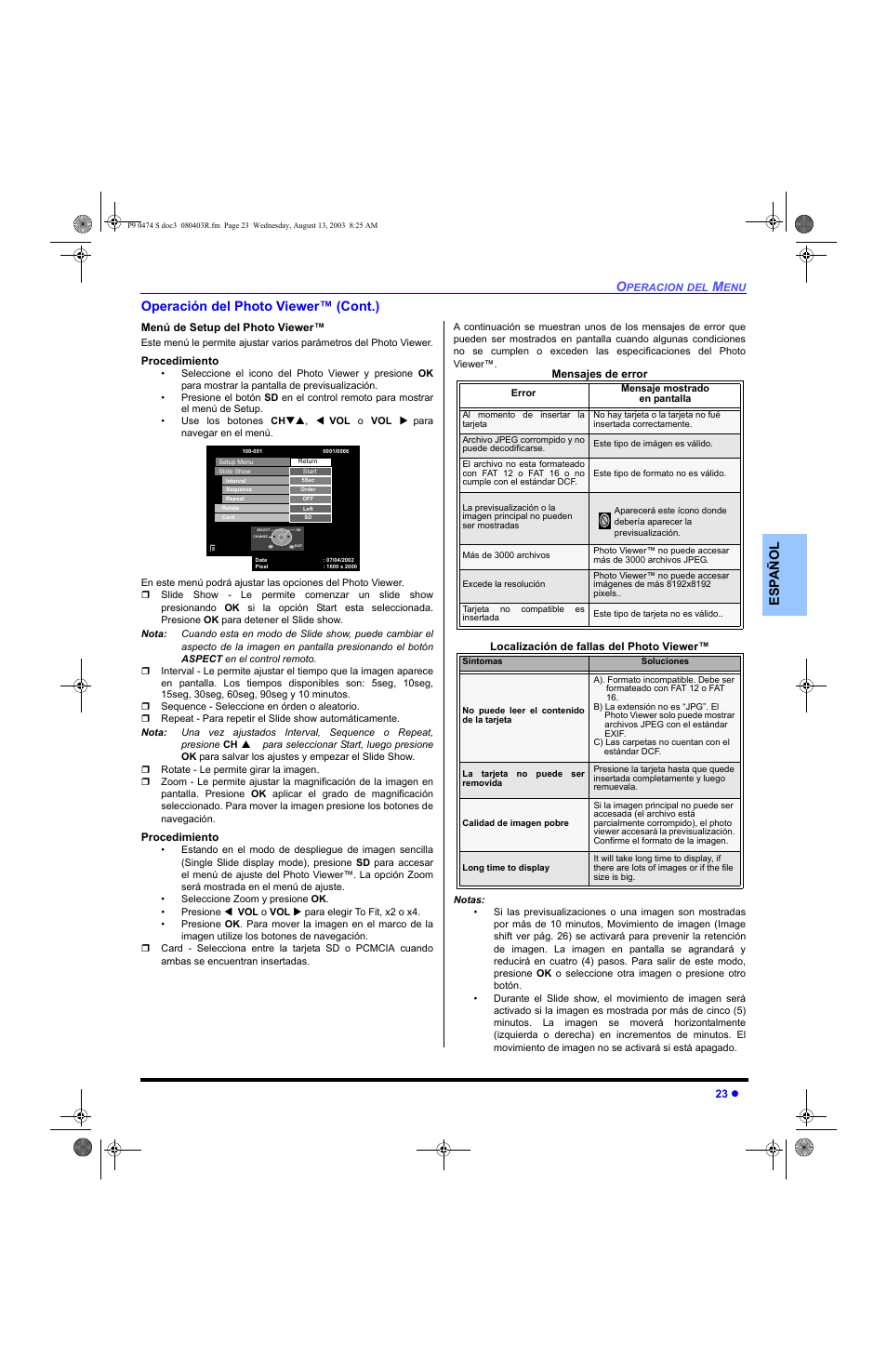 Es p añol operación del photo viewer™ (cont.) | Panasonic PT-53WXD63 User Manual | Page 61 / 88