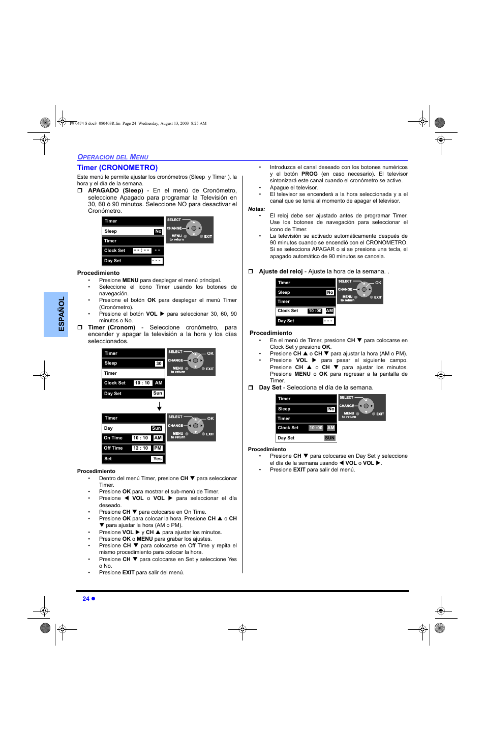 Cronometro, Es p añol timer (cronometro) | Panasonic PT-53WXD63 User Manual | Page 62 / 88