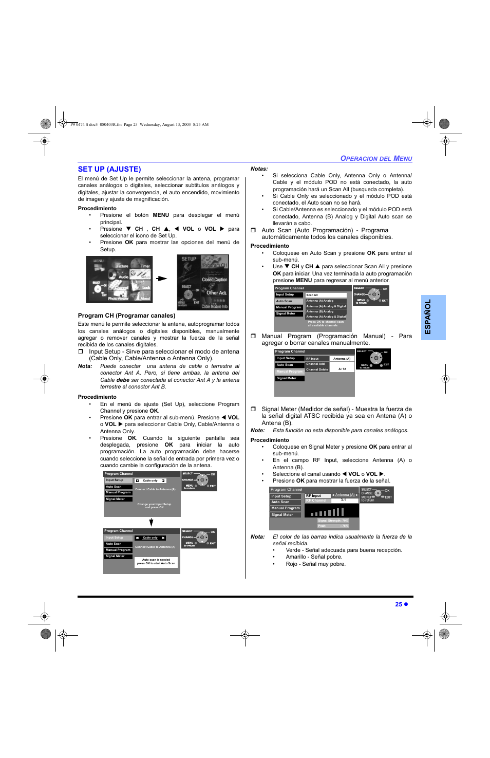 Ajuste, Es p añol set up (ajuste) | Panasonic PT-53WXD63 User Manual | Page 63 / 88