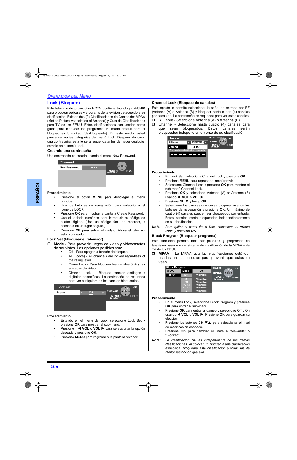 Bloqueo, Es p añol lock (bloqueo) | Panasonic PT-53WXD63 User Manual | Page 66 / 88
