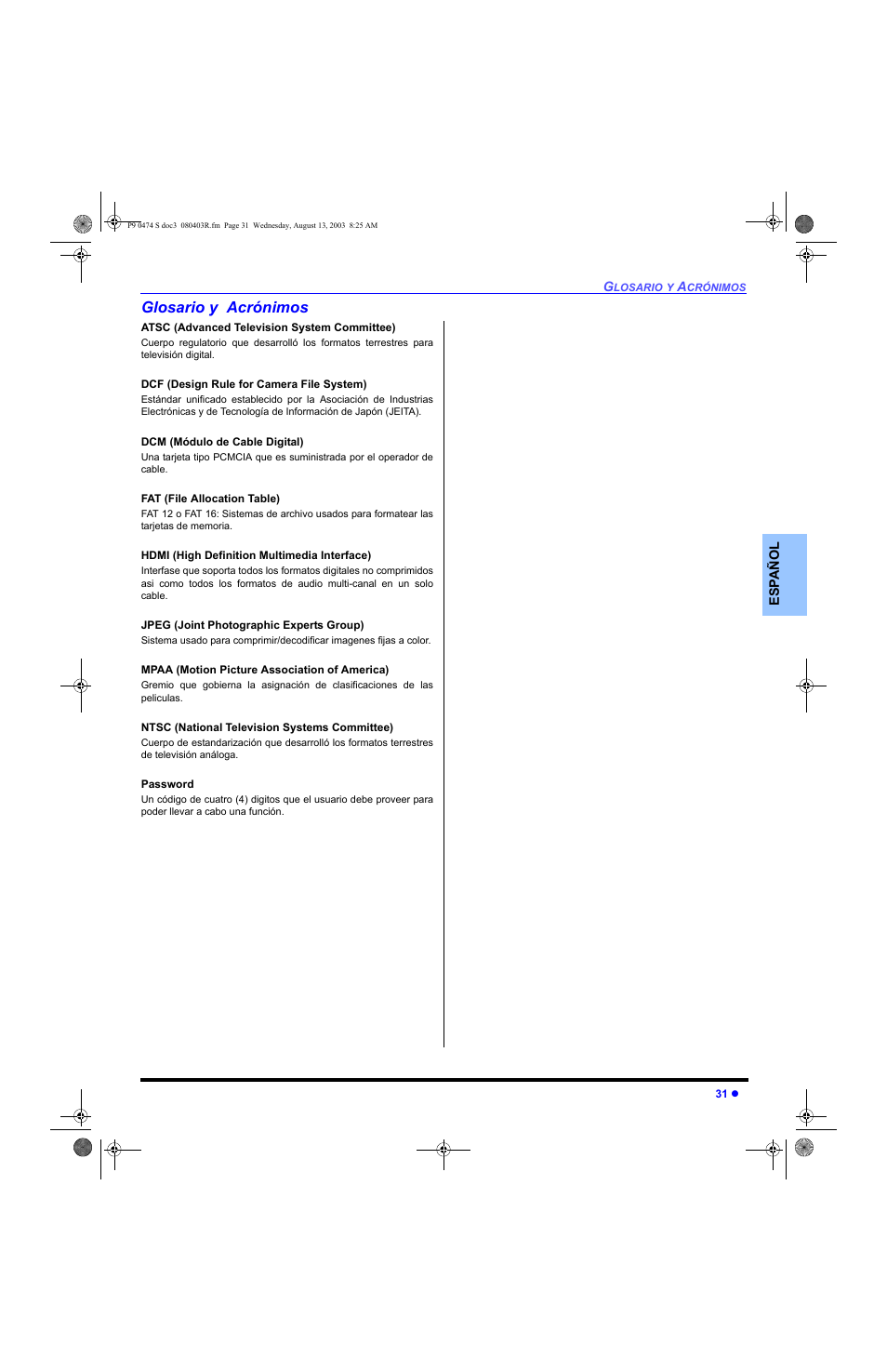 Glosario y acronimos, Glosario y acrónimos | Panasonic PT-53WXD63 User Manual | Page 69 / 88