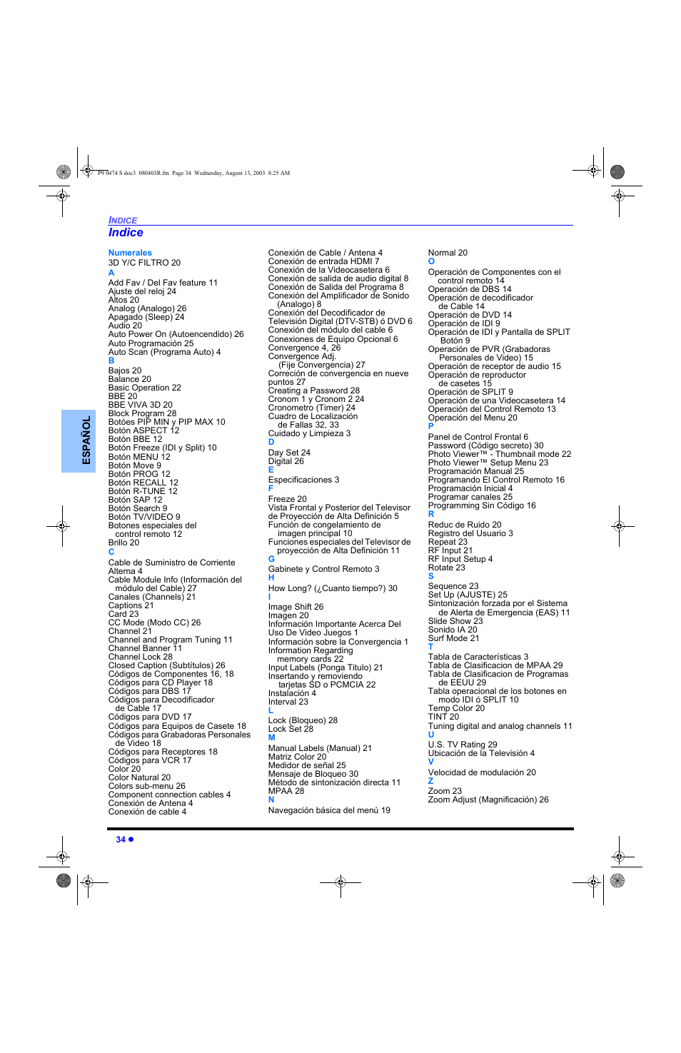 Indice | Panasonic PT-53WXD63 User Manual | Page 72 / 88