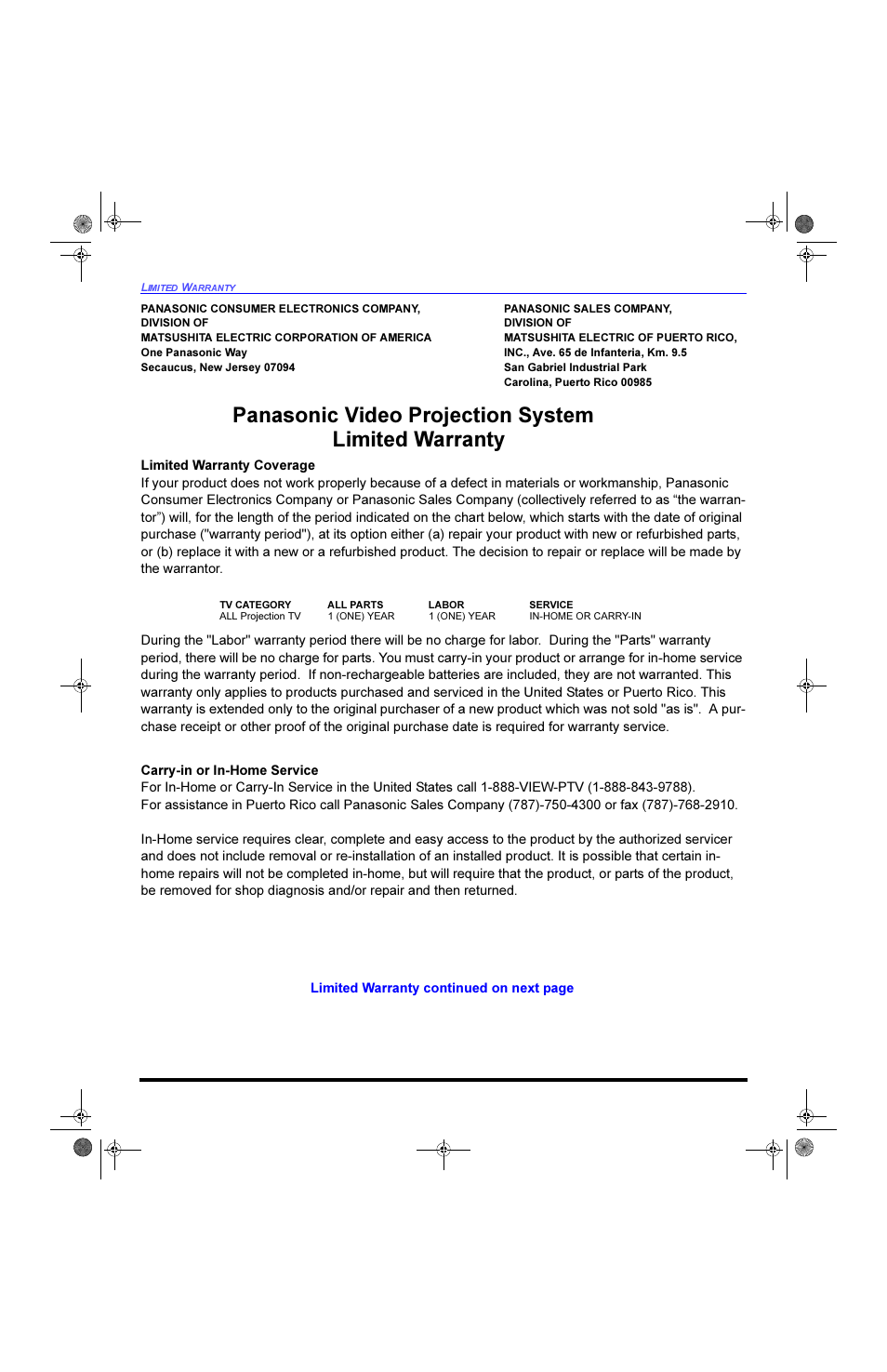 3dqdvrqlf 9lghr 3urmhfwlrq 6\vwhp /lplwhg :duudqw | Panasonic PT-53WXD63 User Manual | Page 74 / 88