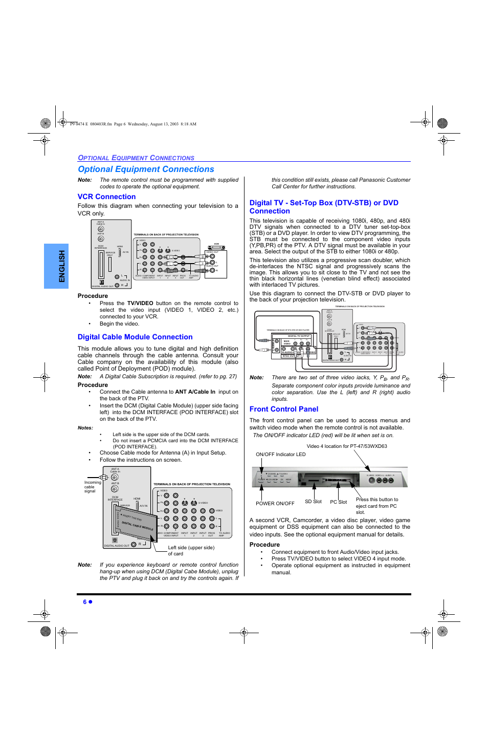 Optional equipment connections, Vcr connection, Digital cable module connection | Digital tv - set-top box (dtv-stb) or dvd players, Front control panel, English, Ptional, Quipment, Onnections, Procedure | Panasonic PT-53WXD63 User Manual | Page 8 / 88