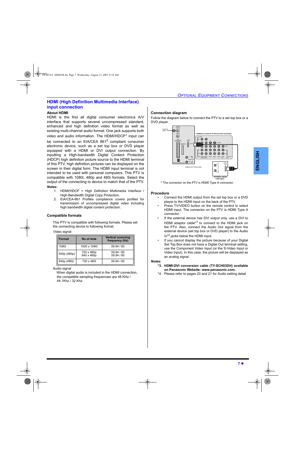 Hdmi input connection, Ptional, Quipment | Onnections 7 z, Input can be connected to an eia/cea 861, Compatible formats connection diagram, Procedure | Panasonic PT-53WXD63 User Manual | Page 9 / 88