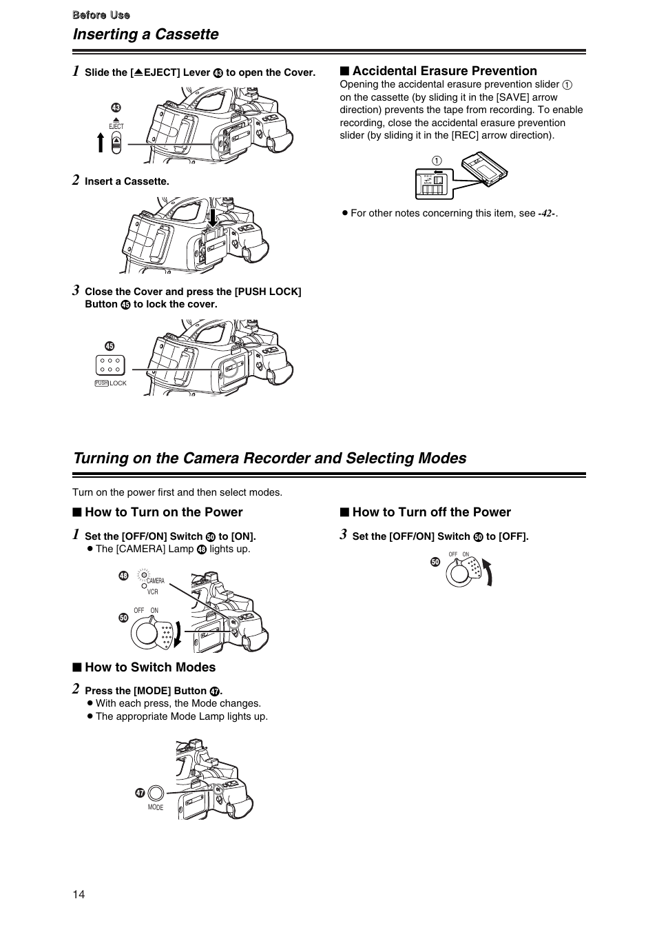 Inserting a cassette, Turning on the camera recorder and selecting modes, Inserting a cassette 1 | Accidental erasure prevention, How to turn on the power $ how to switch modes, How to turn off the power | Panasonic AG-DVG7P User Manual | Page 14 / 54