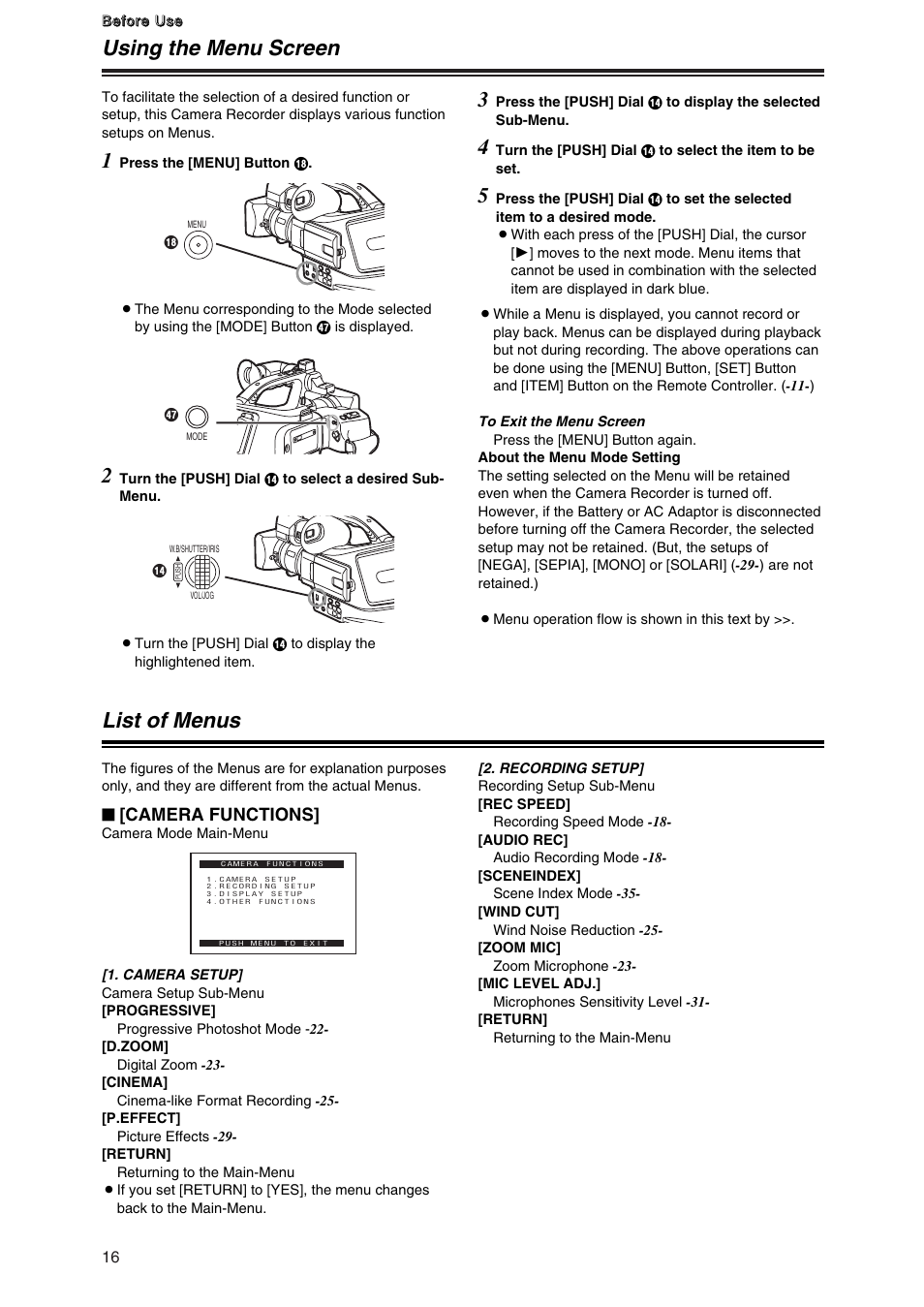 Using the menu screen, List of menus, Using the menu screen 1 | Camera functions | Panasonic AG-DVG7P User Manual | Page 16 / 54