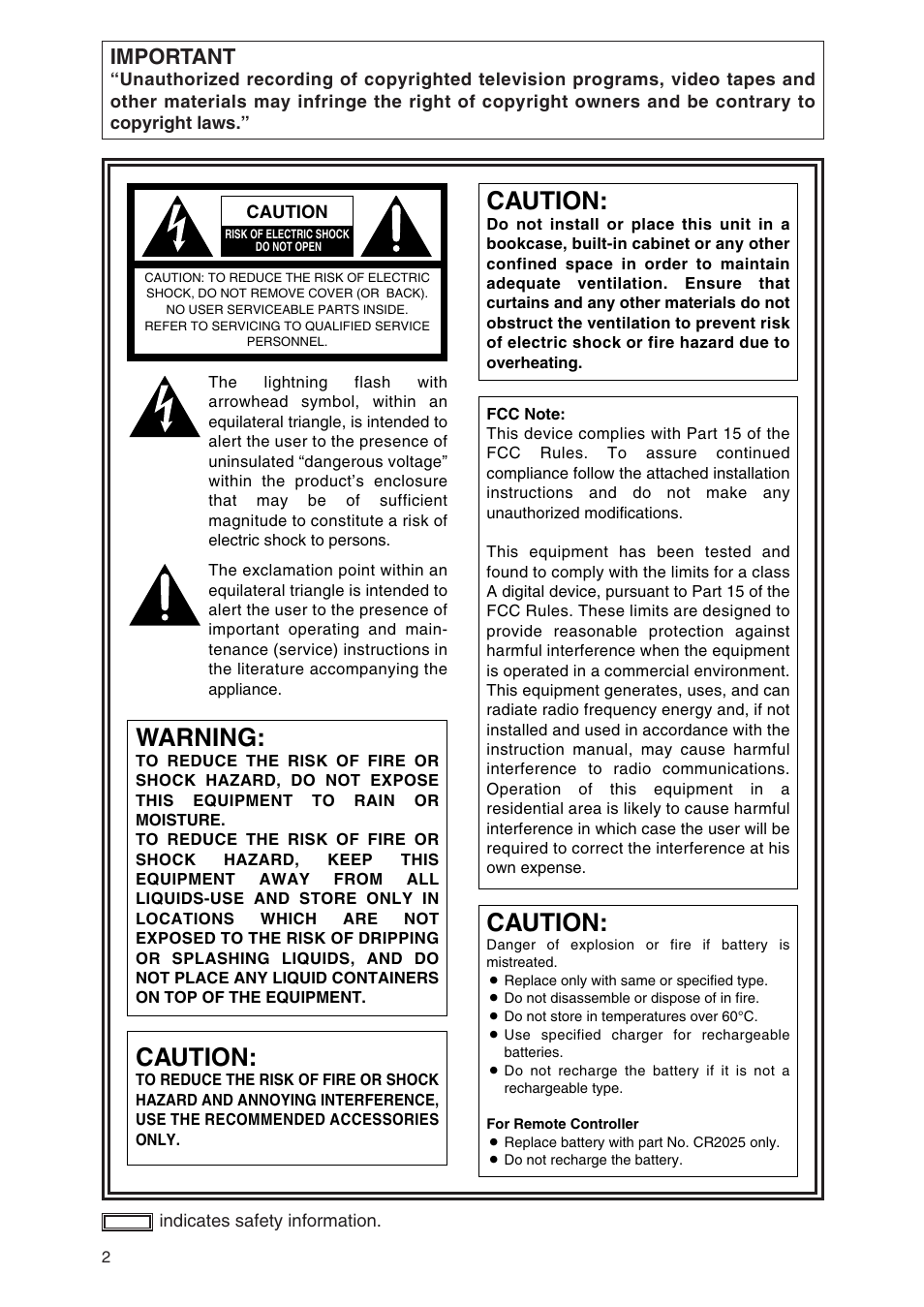 Caution, Warning, Important | Panasonic AG-DVG7P User Manual | Page 2 / 54