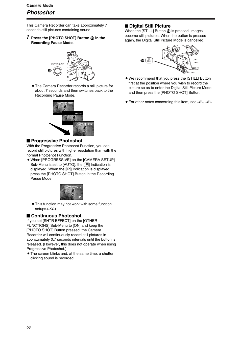 Photoshot, Photoshot 1, Progressive photoshot | Continuous photoshot, Digital still picture | Panasonic AG-DVG7P User Manual | Page 22 / 54