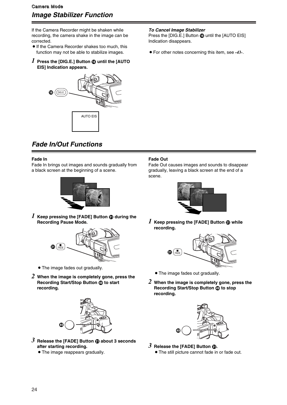 Image stabilizer function, Fade in/out functions, Image stabilizer function 1 | Fade in/out functions 1 | Panasonic AG-DVG7P User Manual | Page 24 / 54