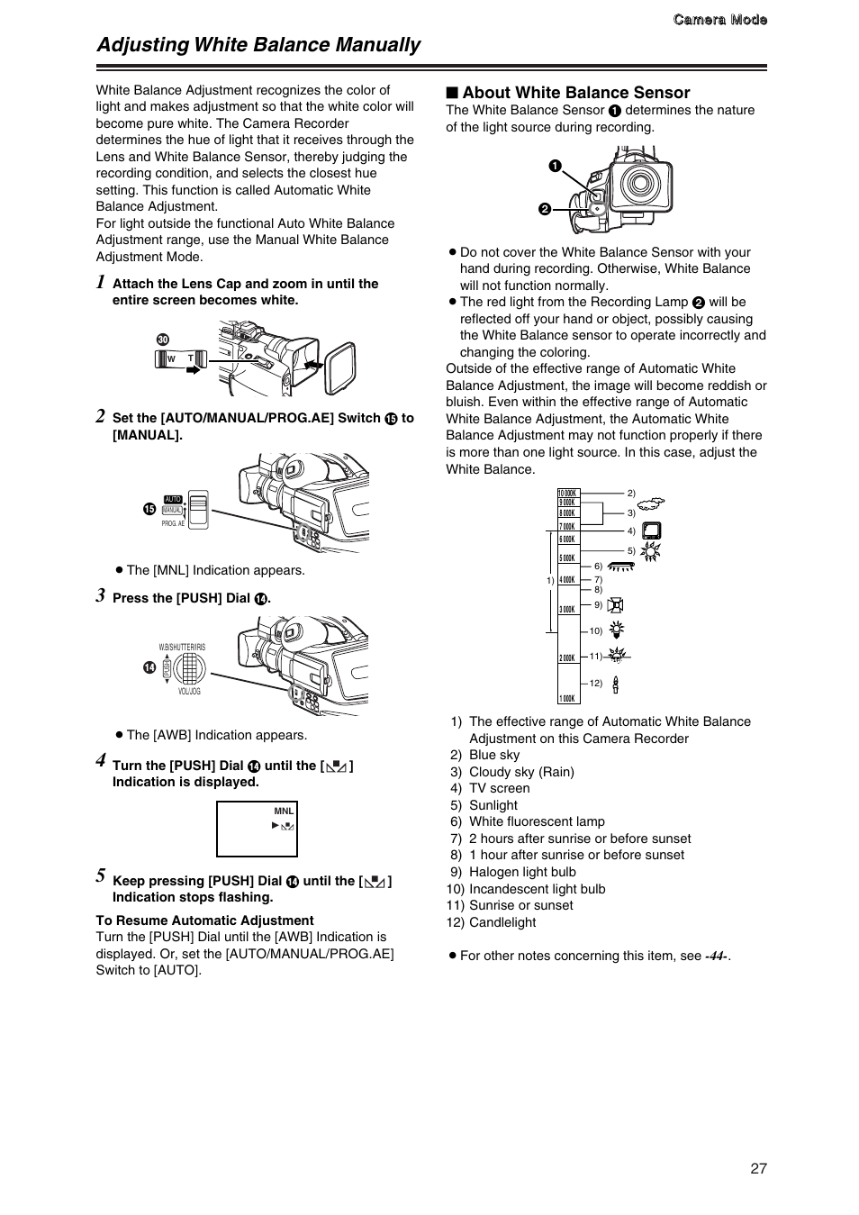 Adjusting white balance manually, Adjusting white balance manually 1, About white balance sensor | Panasonic AG-DVG7P User Manual | Page 27 / 54