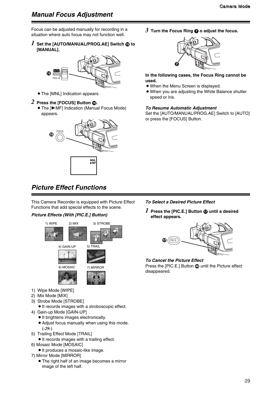 Manual focus adjustment, Picture effect functions, Manual focus adjustment 1 | Picture effect functions 1 | Panasonic AG-DVG7P User Manual | Page 29 / 54