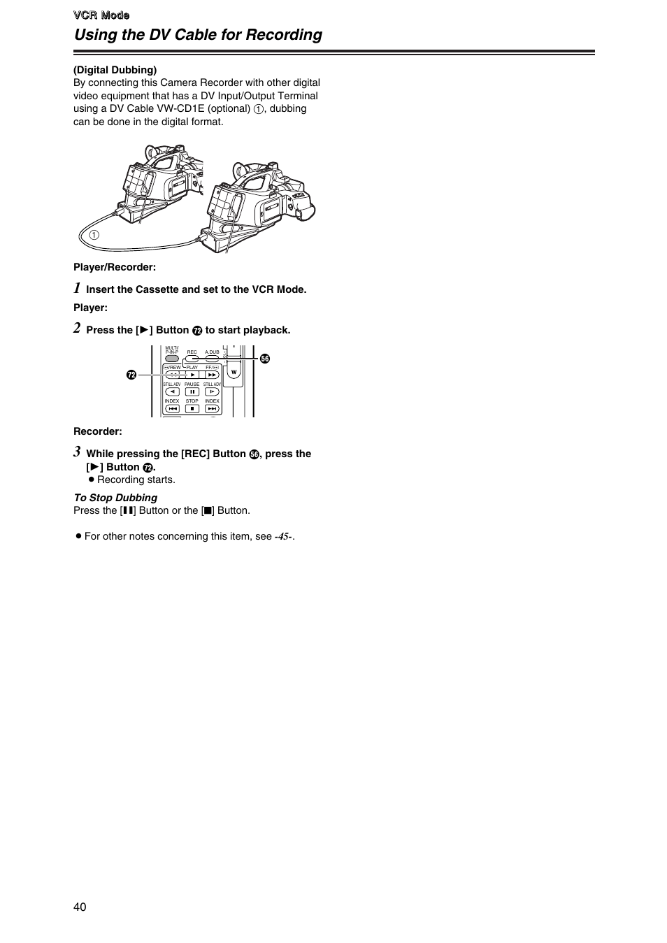 Using the dv cable for recording | Panasonic AG-DVG7P User Manual | Page 40 / 54