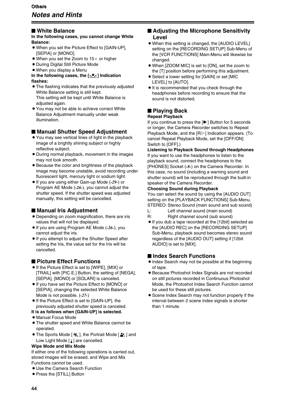 White balance, Manual shutter speed adjustment, Manual iris adjustment | Picture effect functions, Adjusting the microphone sensitivity level, Playing back, Index search functions | Panasonic AG-DVG7P User Manual | Page 44 / 54