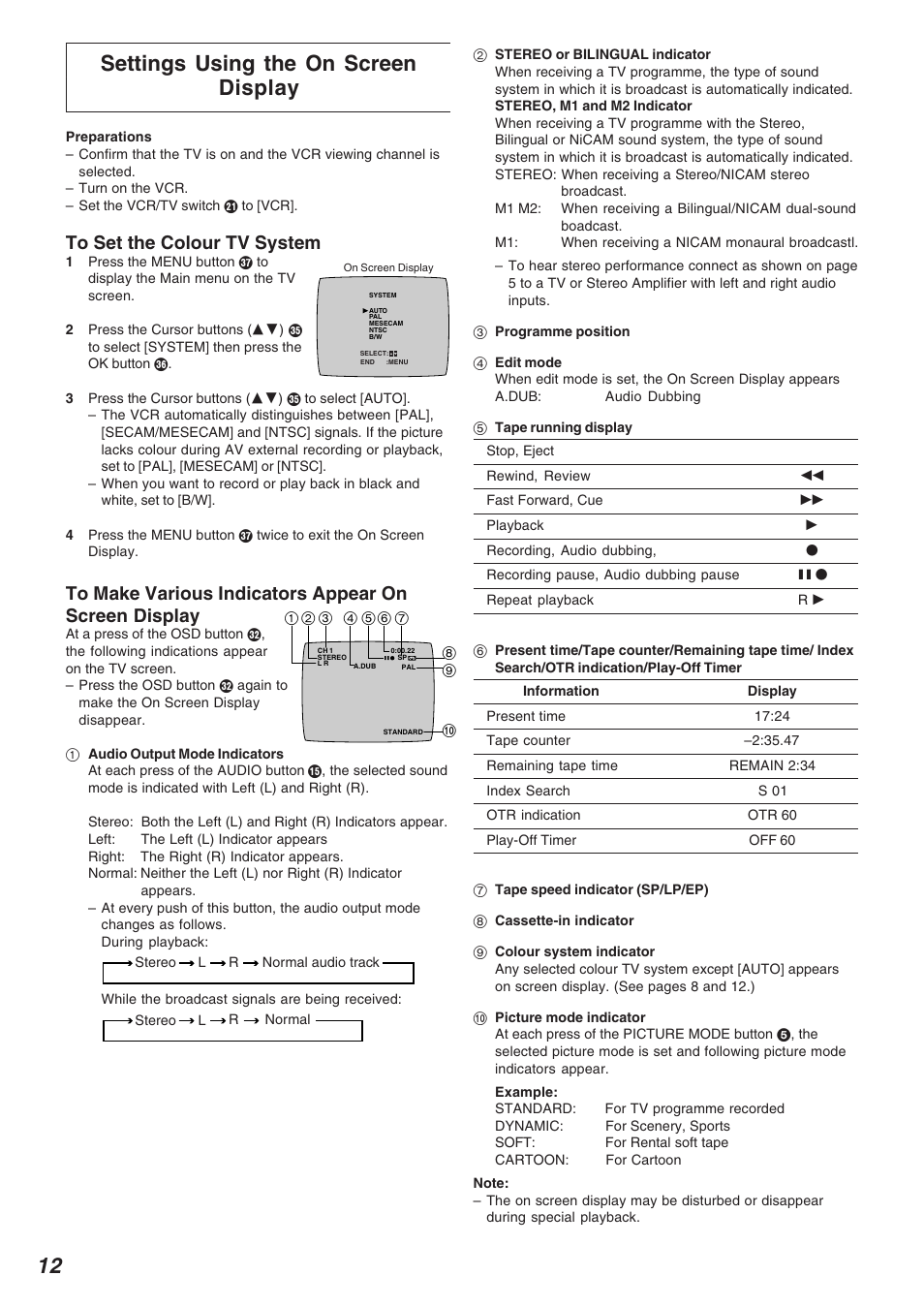 Settings using the on screen display | Panasonic NV-FJ625AM User Manual | Page 12 / 32