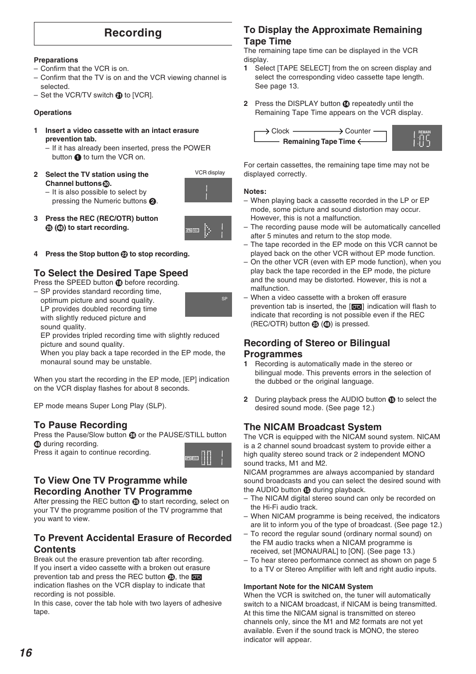 Recording, Recording of stereo or bilingual programmes, The nicam broadcast system | Panasonic NV-FJ625AM User Manual | Page 16 / 32