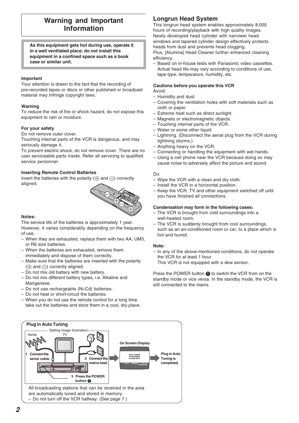 Warning and important information, Longrun head system | Panasonic NV-FJ625AM User Manual | Page 2 / 32
