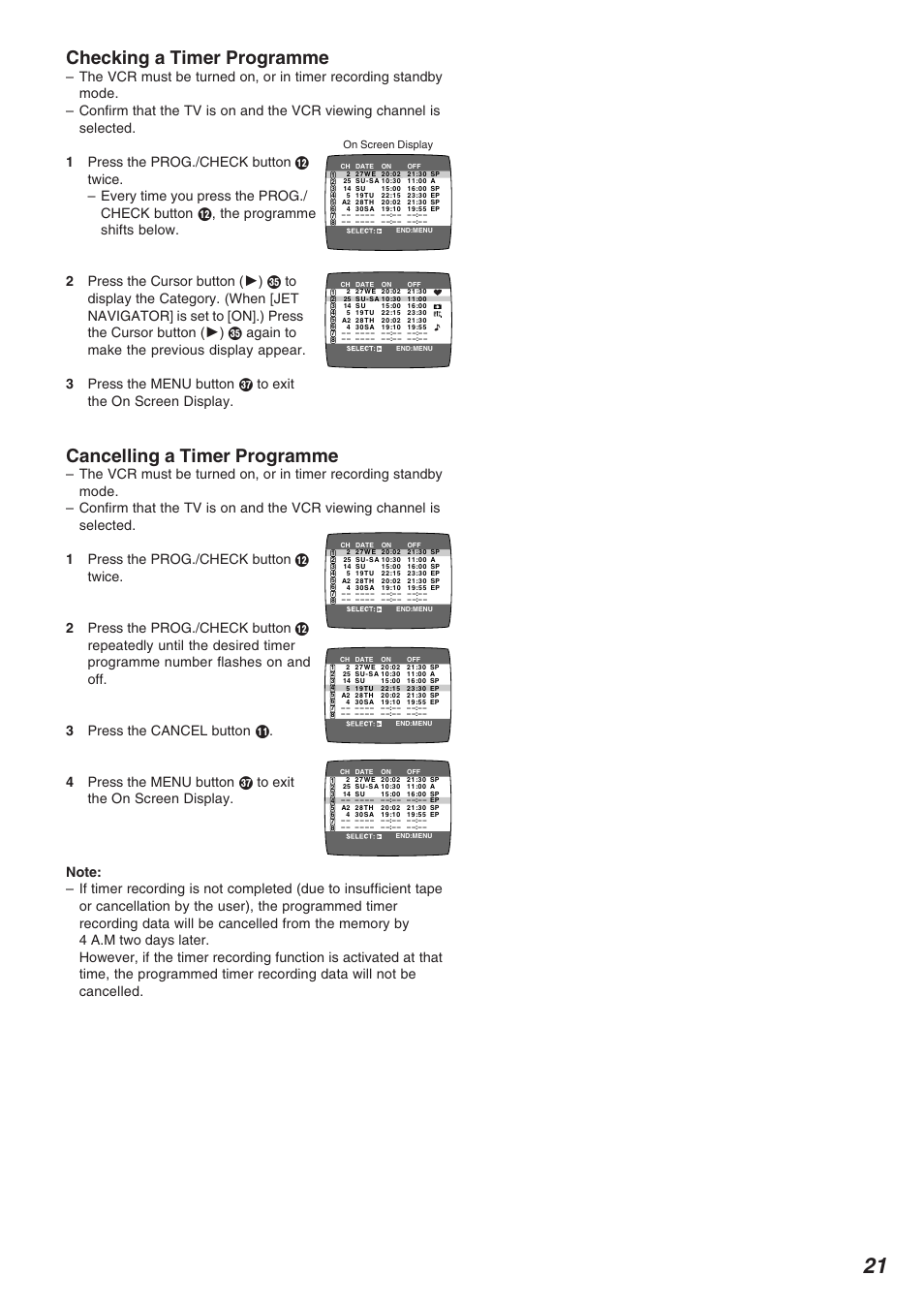 Checking a timer programme, Cancelling a timer programme | Panasonic NV-FJ625AM User Manual | Page 21 / 32