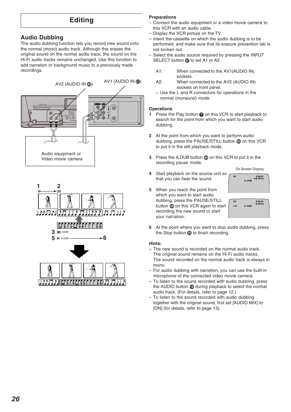 Editing, Audio dubbing | Panasonic NV-FJ625AM User Manual | Page 26 / 32
