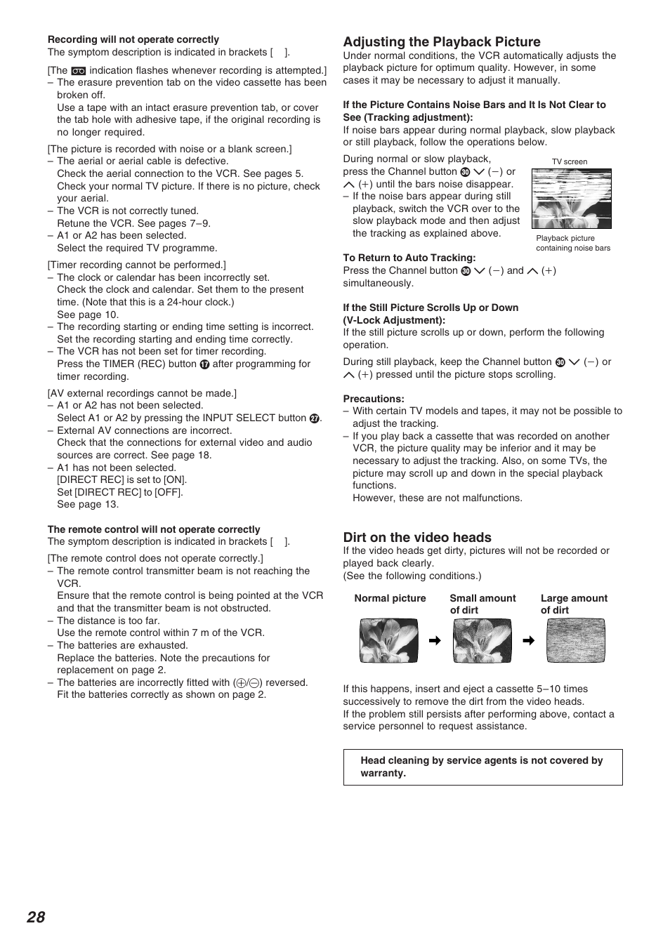 Adjusting the playback picture, Dirt on the video heads | Panasonic NV-FJ625AM User Manual | Page 28 / 32