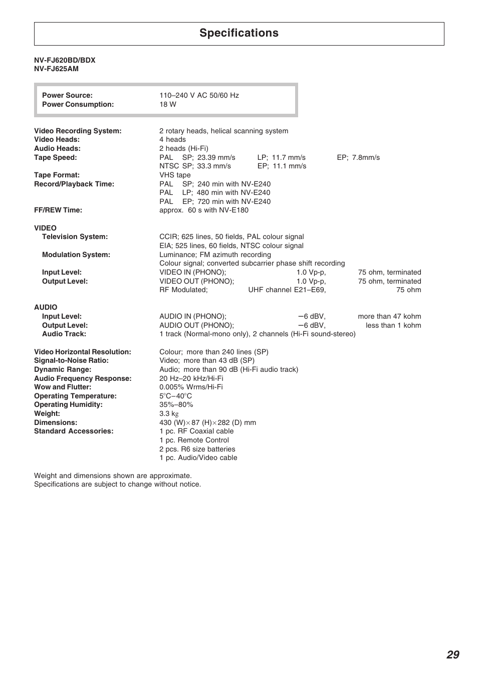 29 specifications | Panasonic NV-FJ625AM User Manual | Page 29 / 32