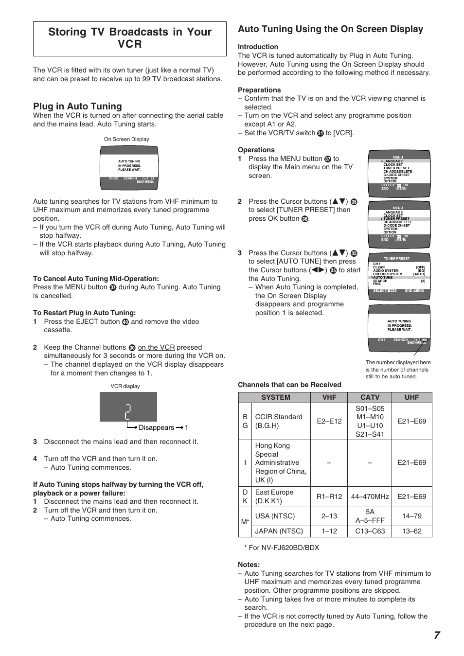 Storing tv broadcasts in your vcr, Plug in auto tuning, Auto tuning using the on screen display | Panasonic NV-FJ625AM User Manual | Page 7 / 32