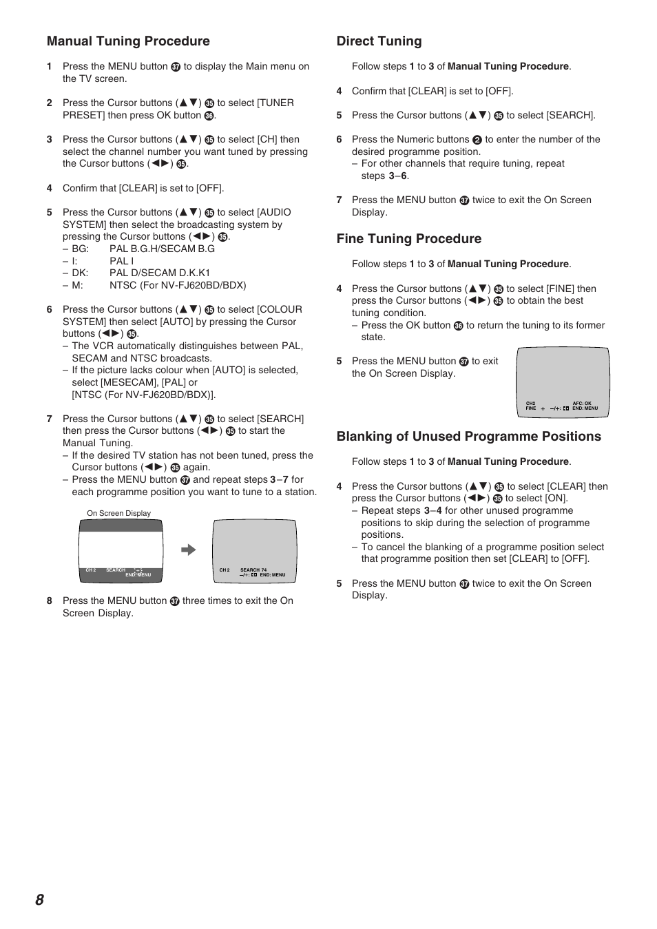 Manual tuning procedure, Direct tuning, Fine tuning procedure | Blanking of unused programme positions | Panasonic NV-FJ625AM User Manual | Page 8 / 32