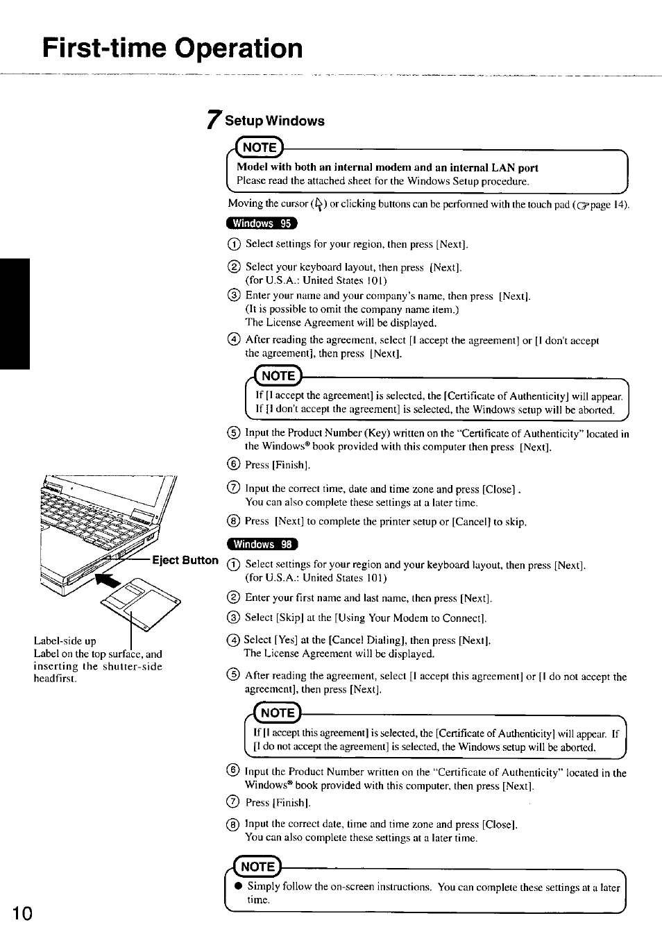 Setup windows ^<notè), First-time operation, Beesaea | Panasonic CF-47 Series User Manual | Page 10 / 36