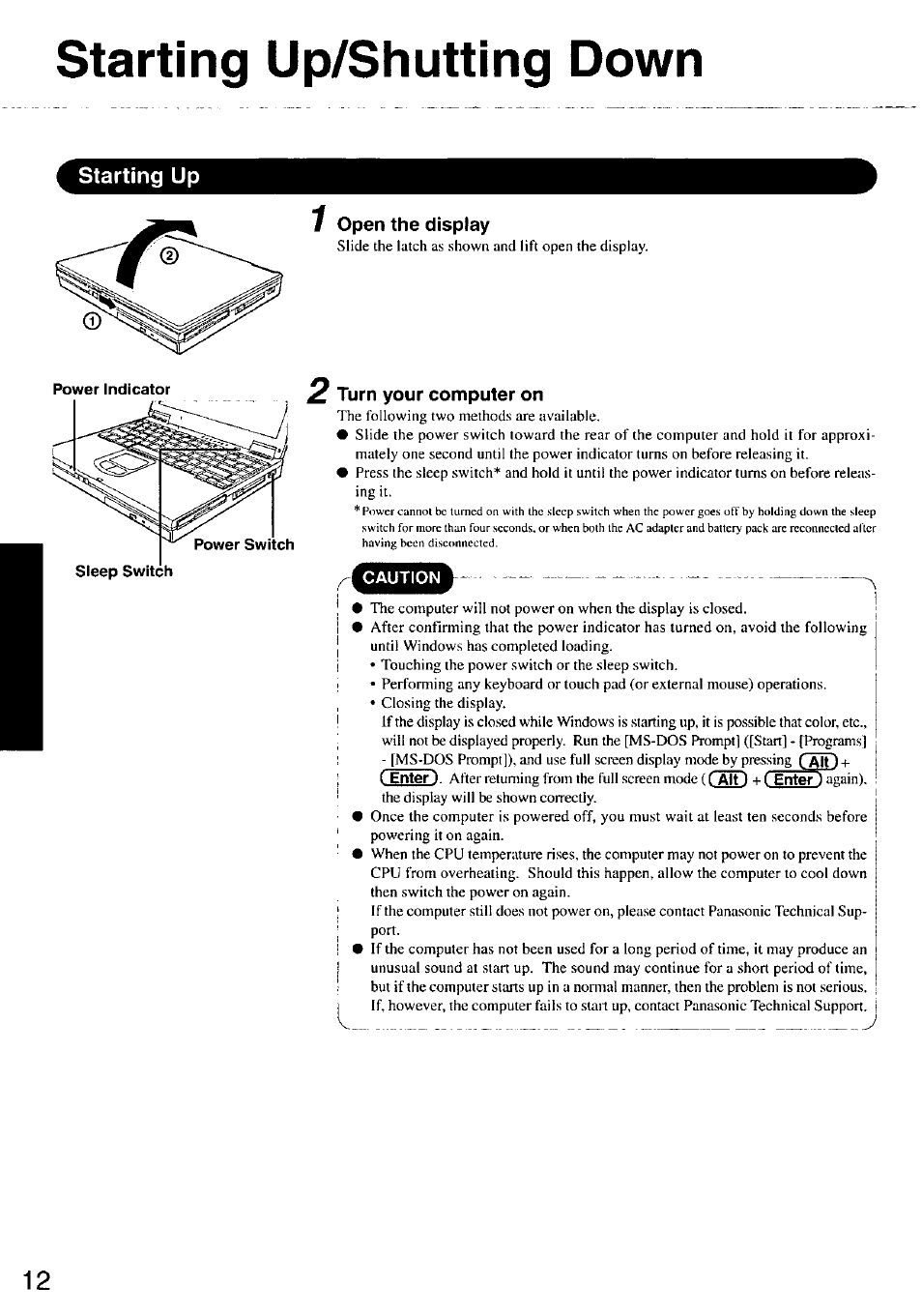 Starting up/shutting down, Starting up, Open the display | Turn your computer on | Panasonic CF-47 Series User Manual | Page 12 / 36