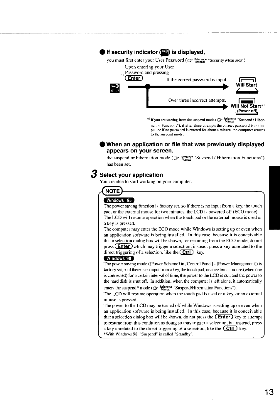 If security indicator is displayed, C enter), Will start | Will not start, Select your application, Note, Tvifflhb | Panasonic CF-47 Series User Manual | Page 13 / 36