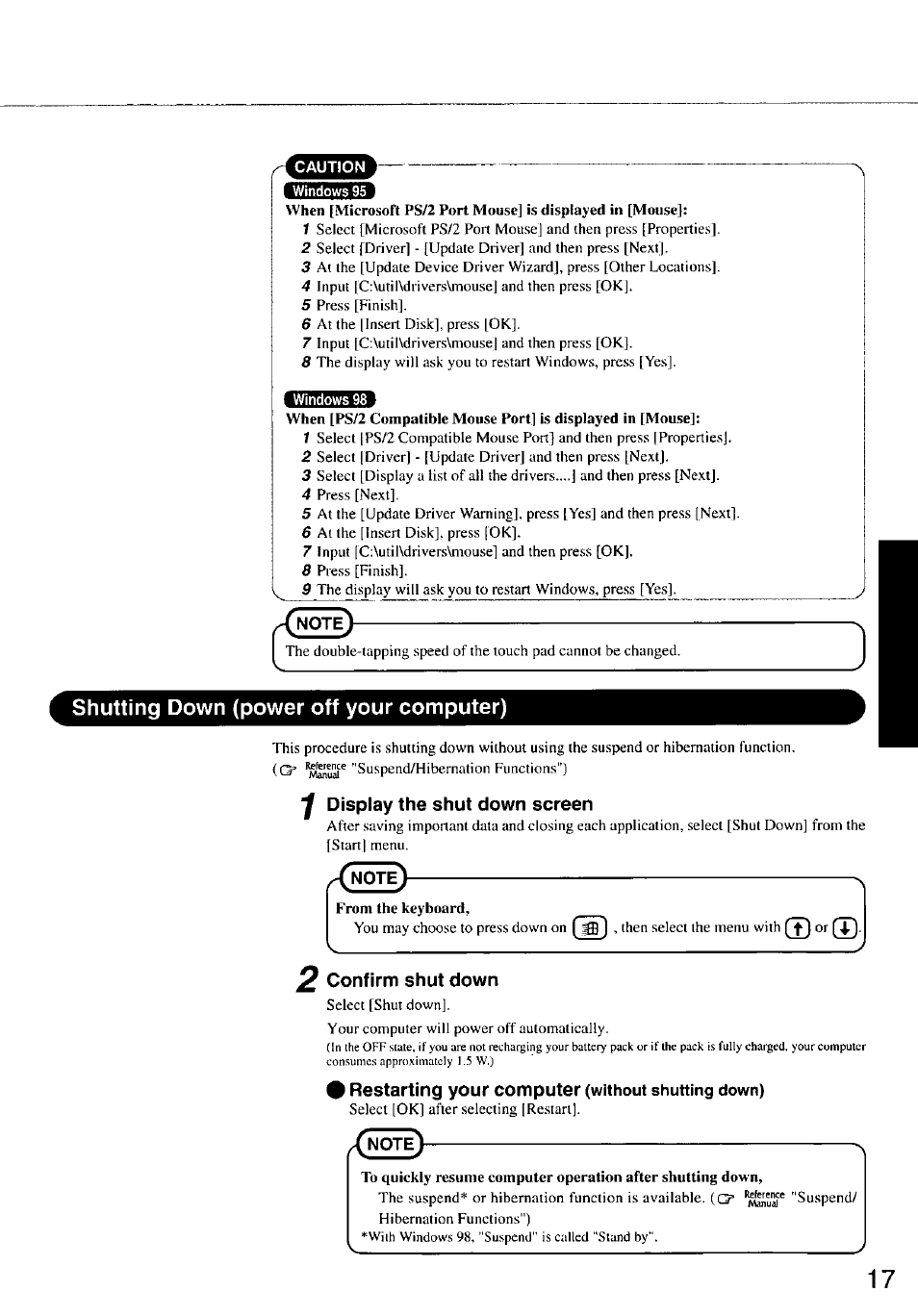 Shutting down (power off your computer), Y display the shut down screen, Confirm shut down | 9 restarting your computer (without shutting down) | Panasonic CF-47 Series User Manual | Page 17 / 36