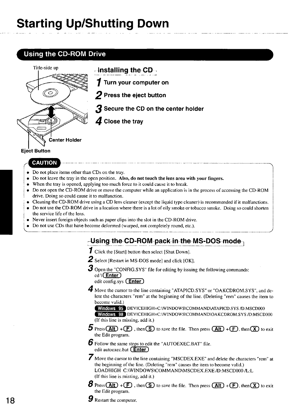 Using the cd-rom drive, Using the cd-rom pack in the ms-dos mode, Starting up/shutting down | Installing the cd | Panasonic CF-47 Series User Manual | Page 18 / 36