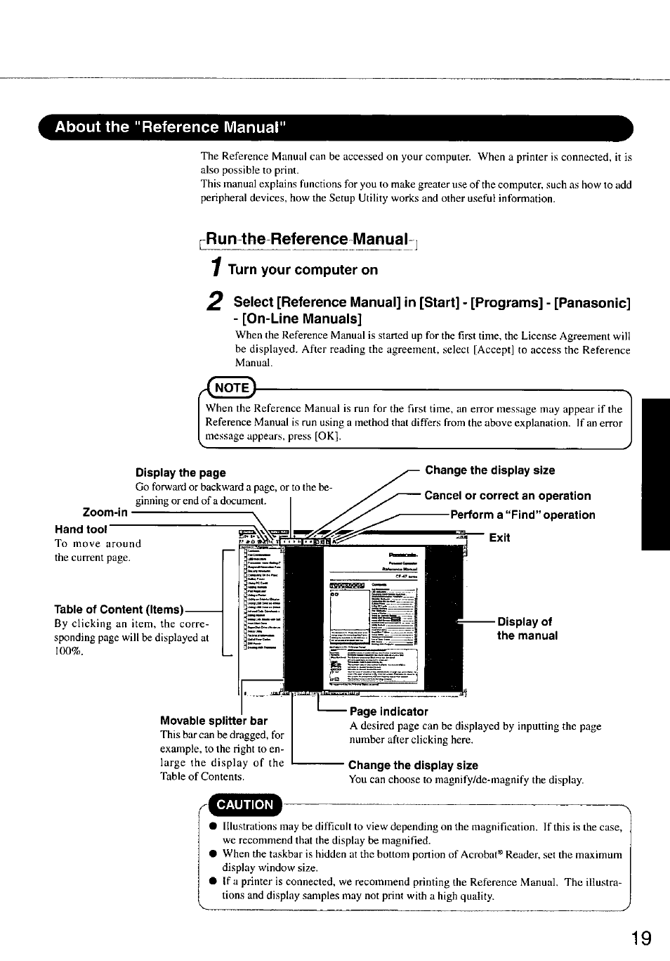 About the "reference manual, Run-the reference manual 1 turn your computer on, Note | Zoom-in hand tool, Table of content (items), Change the display size, Exit, Display of the manual, Movable splitter bar, Run-the reference manual | Panasonic CF-47 Series User Manual | Page 19 / 36