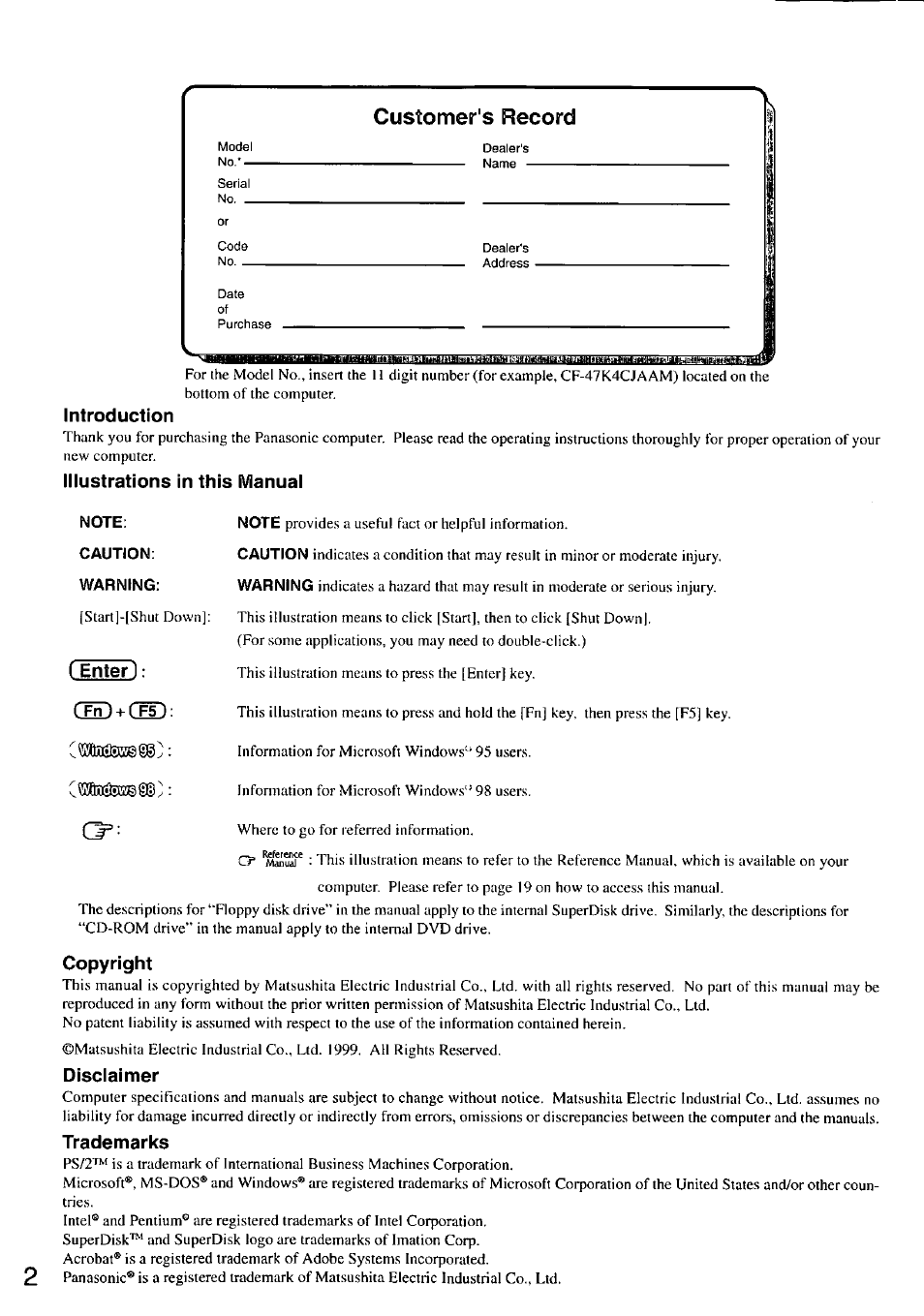 Customer's record, Introduction, Illustrations in this manual | Copyright, Disclaimer, Trademarks | Panasonic CF-47 Series User Manual | Page 2 / 36