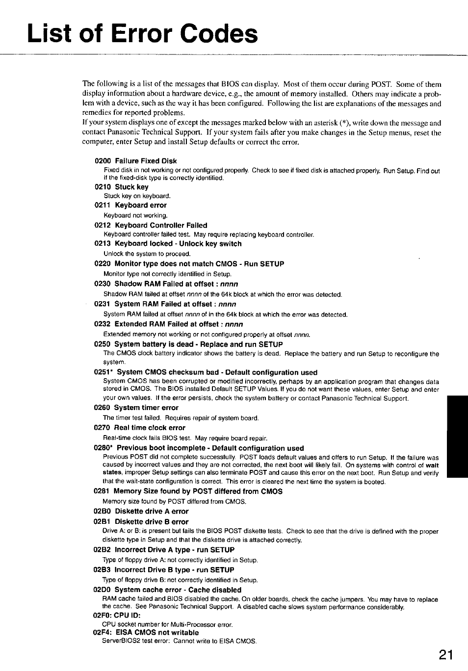 List of error codes, 0200 failure fixed disk, 02b2 incorrect drive a type - run setup | 02b3 incorrect drive b type - run setup, 02d0 system cache error - cache disabled, 02f0: cpu id, 02f4: eisa cmos not writable | Panasonic CF-47 Series User Manual | Page 21 / 36