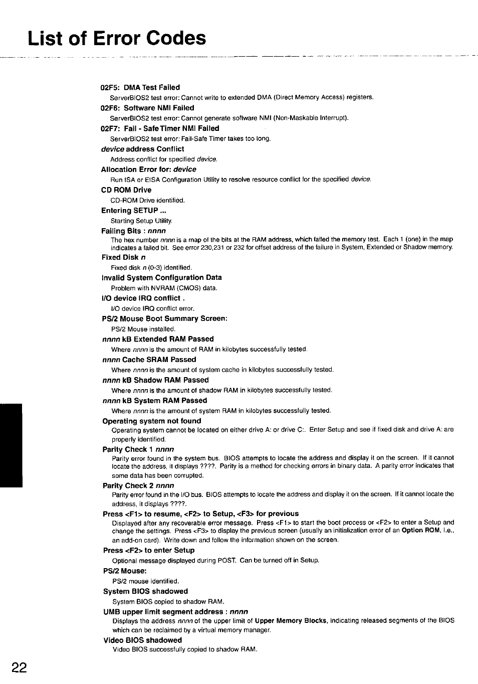 02f5: dma test failed, 02f6: software nmi failed, 02f7: fail - safe timer nmi failed | List of error codes | Panasonic CF-47 Series User Manual | Page 22 / 36