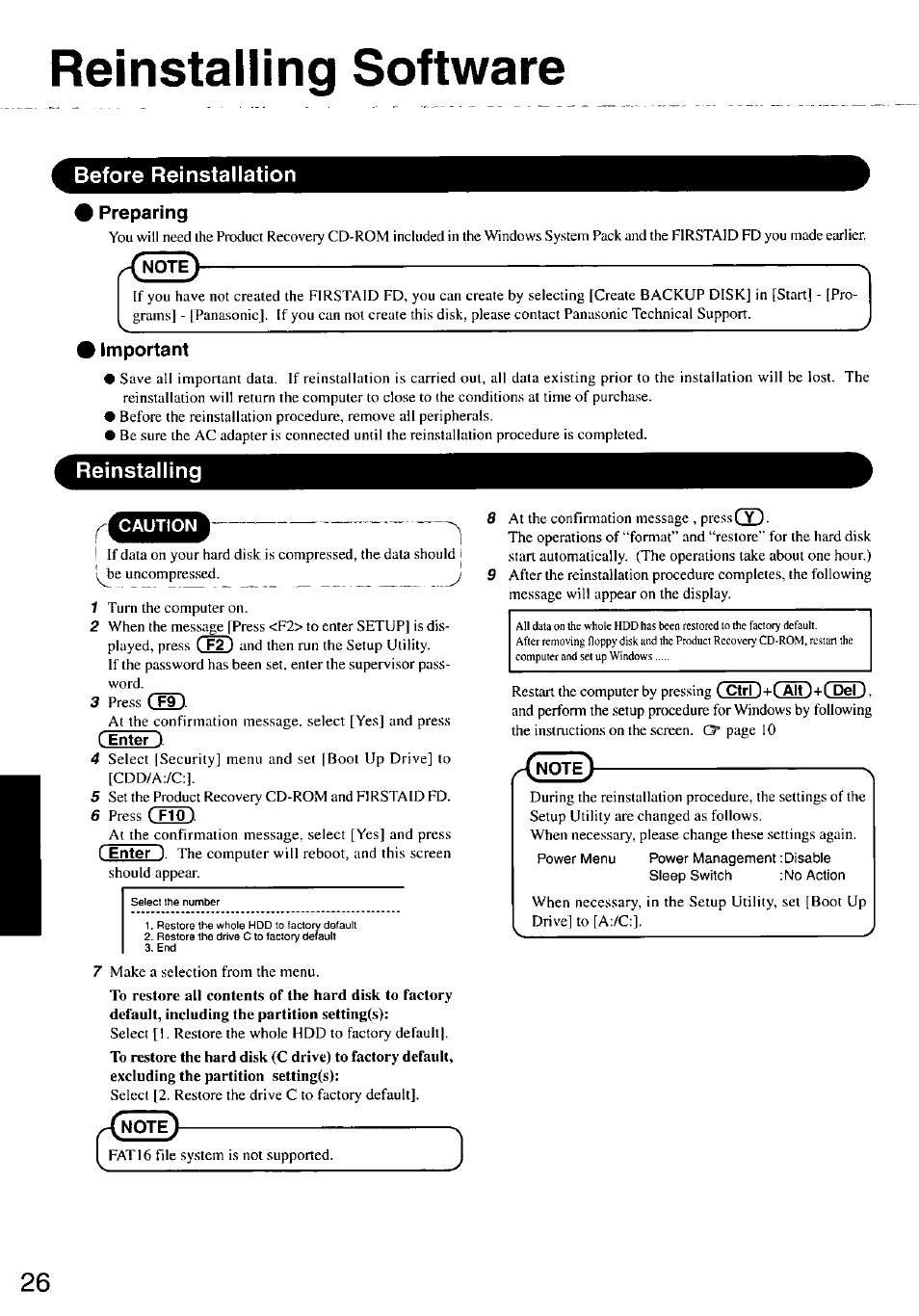 Reinstalling software, Preparing, Important | C enter ), Before reinstallation, Reinstalling | Panasonic CF-47 Series User Manual | Page 26 / 36