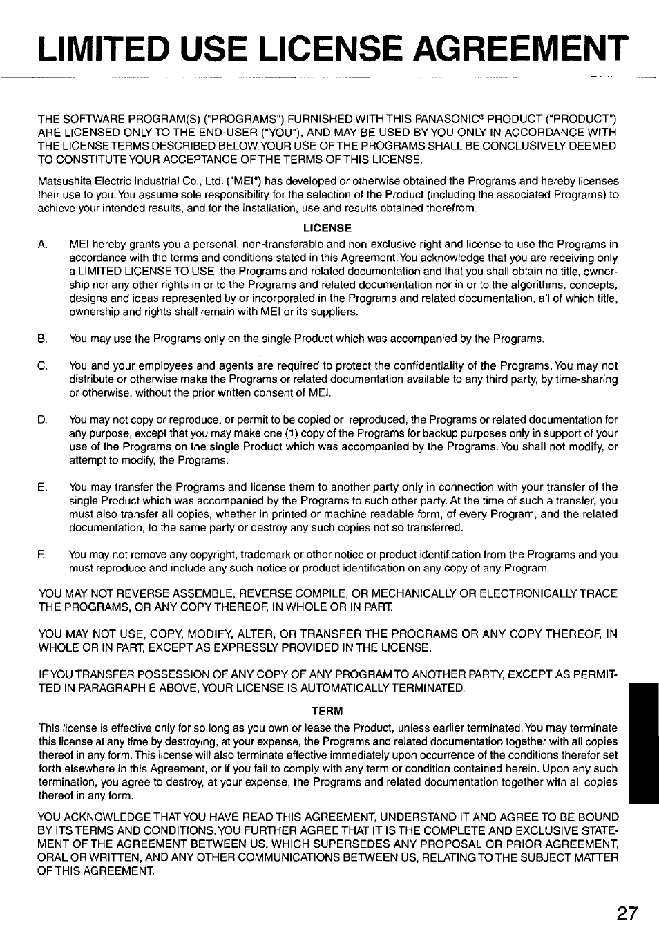 License, Term, Limited use license agreement | Panasonic CF-47 Series User Manual | Page 27 / 36