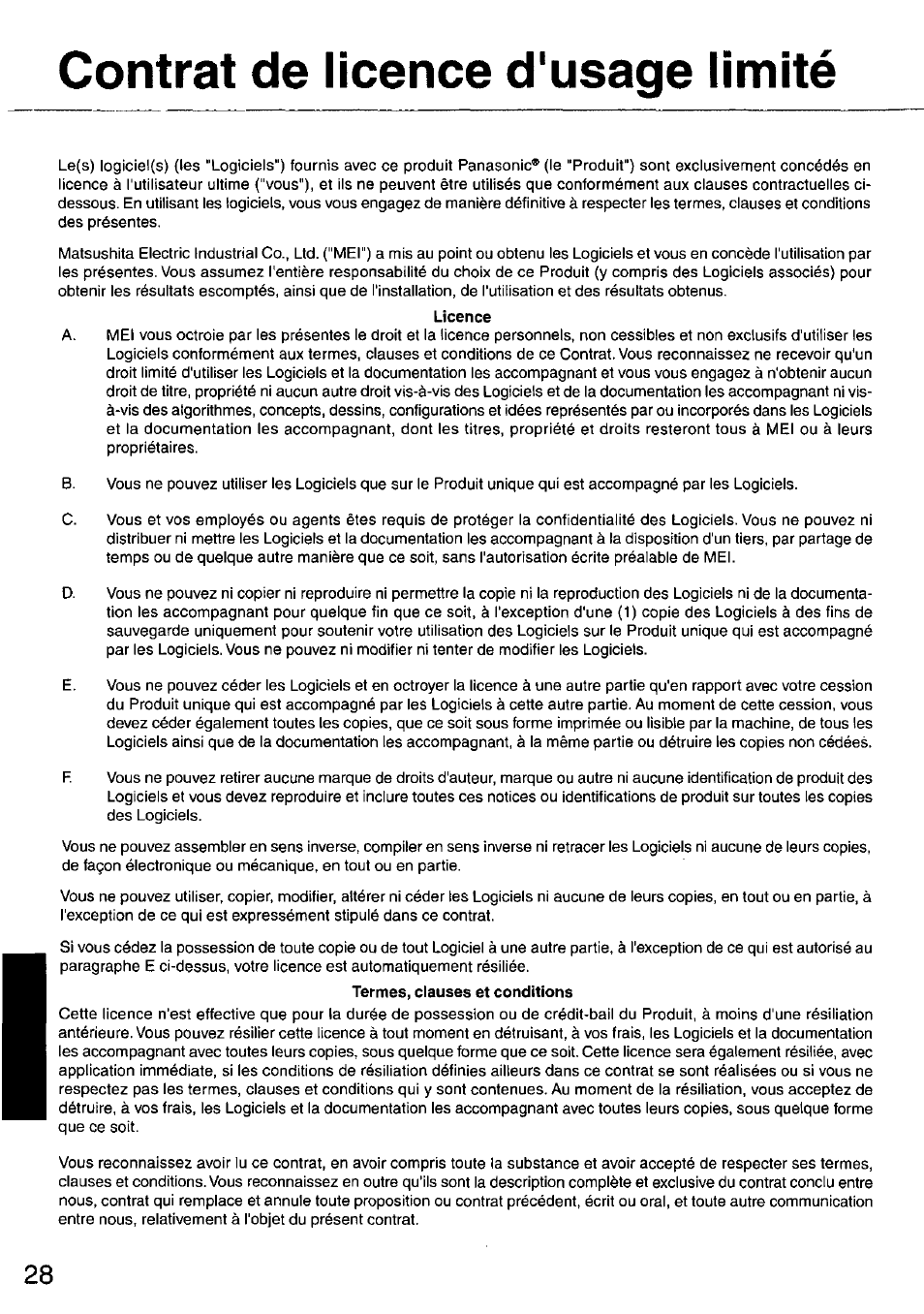 Contrat de licence d'usage limité, Licence | Panasonic CF-47 Series User Manual | Page 28 / 36