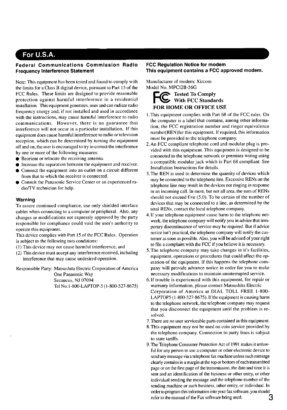 For u.s.a, Warning, Fcc regulation notice for modem | This equipment contains a fcc approved modem | Panasonic CF-47 Series User Manual | Page 3 / 36